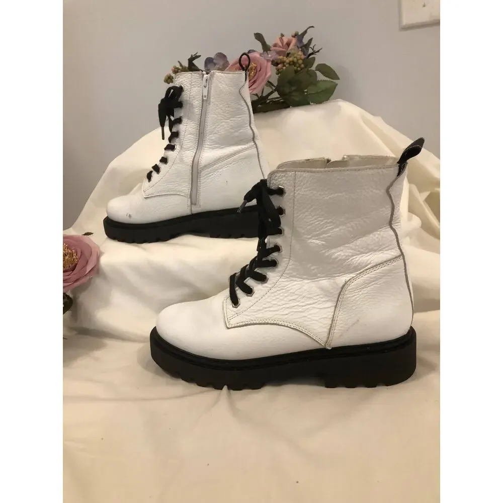 Steve Madden Combat Boots Women Size 9.5 White Black Lace Up Chunky Sole Zipper‎
